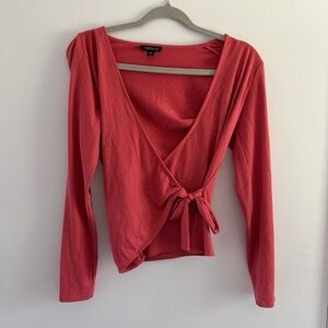 VENUS Coral Ribbed Wrap Tie-Front Top